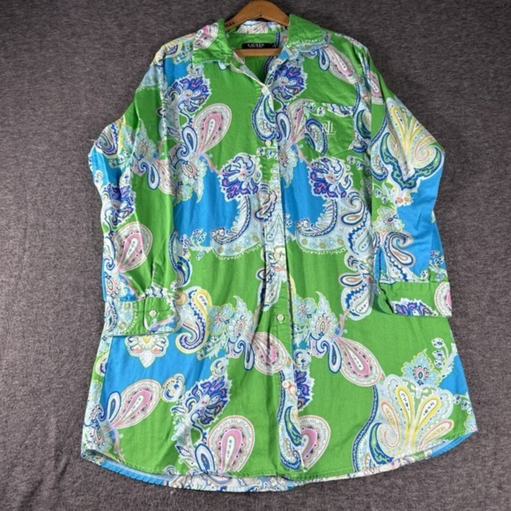 Lauren Ralph Lauren Button Up Shirt Dress Tunic‎ Paisley Colorful Size L Preppy